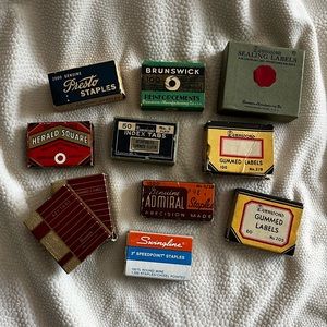 Set of 11 Vintage Staple, Label, Key Tag, and Pen Tip Boxes with Retro Packaging